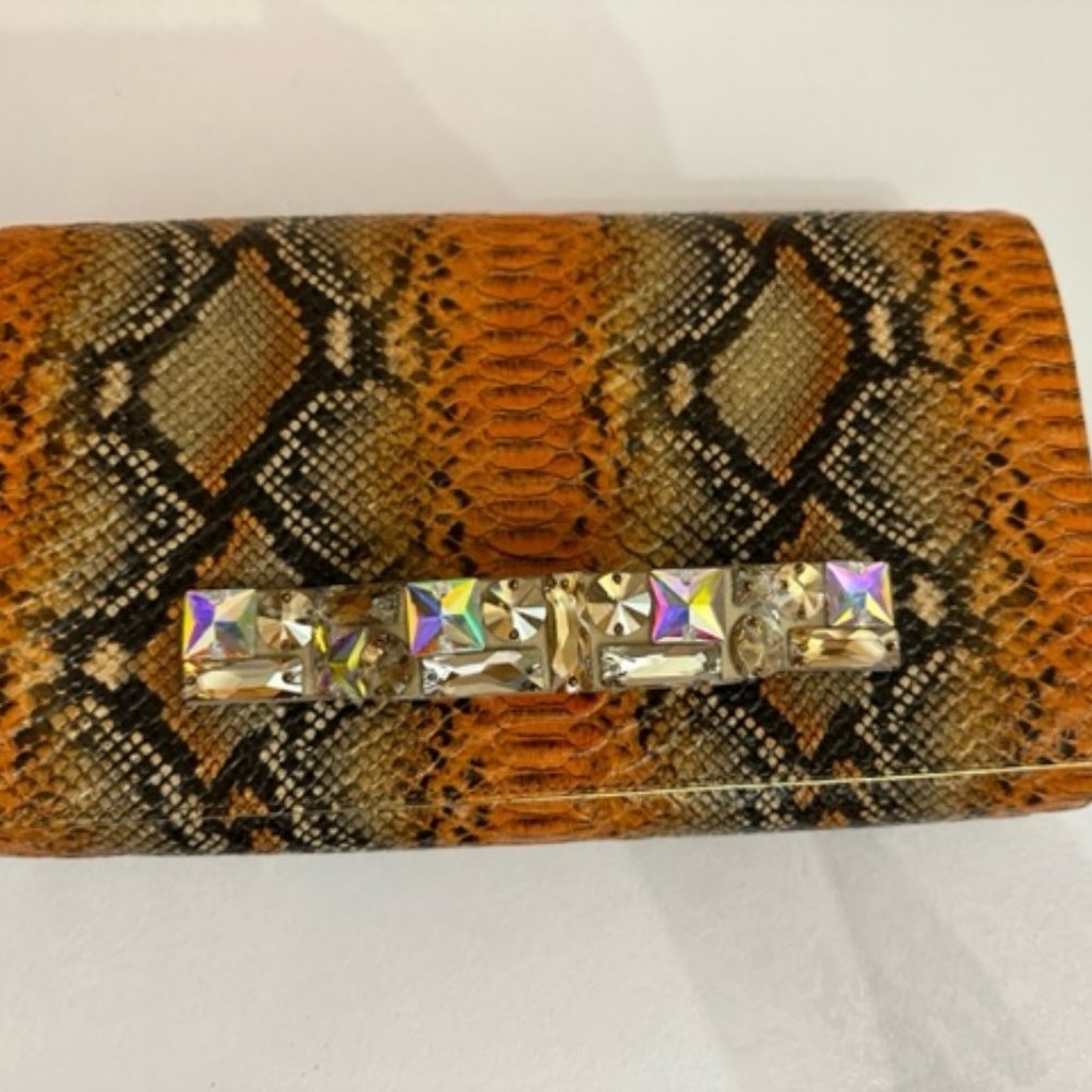 LORI BLUE VINYL CLUTCH BAG  RHINESTONED HANDLE SILK LINING